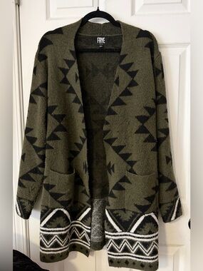 Frye Olive Green Southwestern Aztec Open Front Cardigan Sweater Large